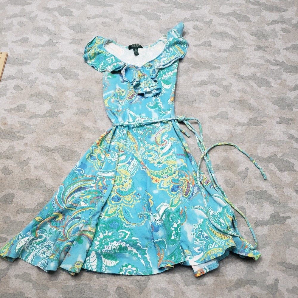 Lauren Ralph Lauren Dress Womens Petite Small Blue Ruffle Paisley